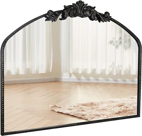 Arendahl Traditional Black Arch Wall Mirror, 40"x31" Carved Elegant Rectangle Bathroom Mirror with Antique Ornate Metal Frame, Baroque Inspired Home Decor for Vanity Bedroom Entryway