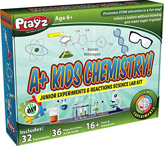Playz STEM A  Kids Chemistry Junior Experiments & Reactions Science Lab Kit - 32  Experiments, 36 Page Laboratory Guide, and 27  Tools & Ingredients for Boys, Girls, Teenagers, & Kids