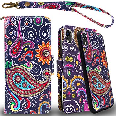 Mefon iPhone XR Detachable Leather Wallet Case, with Tempered Glass and Wrist Strap, Enhanced Magnetic Closure, Card Slot, Kickstand, Luxury Flip Folio Cases for Apple iPhone XR 6.1 (Paisley 1)