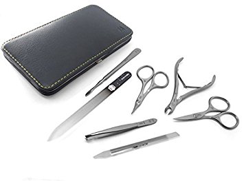 GERmanikure 7pc FINOX stainless steel manicure set in grey leather frame case