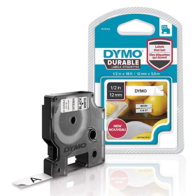 DYMO D1 Durable Labeling Tape for LabelManager Label Makers, Black Print on White Tape, 1/2" W x 18' L, 1 Cartridge (1978364), DYMO Authentic