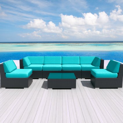 Luxxella Patio Outdoor Wicker Furniture Sunbrella Genuine Collection Bella 7-piece Couch Sectional Sofa Set Canvas Aruba 5416