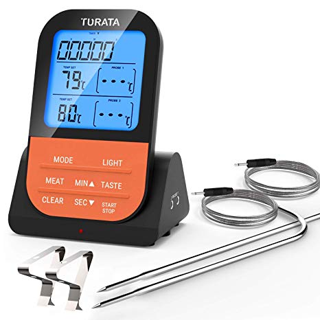 TURATA Meat Thermometer, Wireless Remote Instant Read Digital Cooking BBQ Thermometer with Dual Probe, Alarm & Timer, Food Grill Thermometer with 260 Feet Sensing Range for Grill Smoker Oven (Orange)