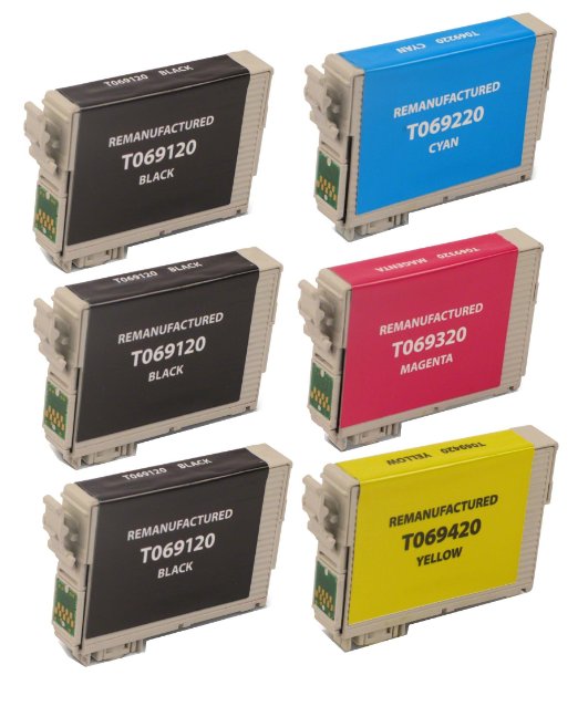 6 Pack Remanufactured Inkjet Cartridges for Epson T069 #69 T069120 T069220 T069320 T069420 Compatible With Epson Stylus C120, Stylus CX5000, Stylus CX6000, Stylus CX7000F, Stylus CX7400, Stylus CX7450, Stylus CX8400, Stylus CX9400 Fax, Stylus CX9475 Fax, Stylus N10, Stylus N11, Stylus NX100, Stylus NX105, Stylus NX11, Stylus NX110, Stylus NX115, Stylus NX200, Stylus NX215, Stylus NX300, Stylus NX305, Stylus NX400, Stylus NX410, Stylus NX415, Stylus NX510, Stylus NX515, WorkForce 1100, WorkForce 1300, WorkForce 30, WorkForce 310, WorkForce 315, WorkForce 40, WorkForce 500, WorkForce 600, WorkForce 610, WorkForce 615 (3 Black, 1 Cyan, 1 Magenta, 1 Yellow) 6PK by Aria Supplies ®