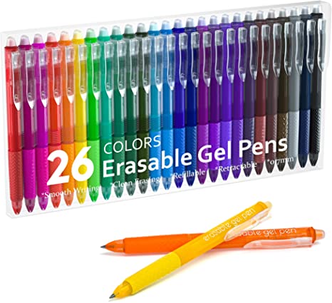 Erasable Gel Pens, 26 Colors Lineon Retractable Erasable Pens Clicker, Fine Point, Make Mistakes Disappear, Assorted Color Inks for Drawing Writing Planner and Crossword Puzzles