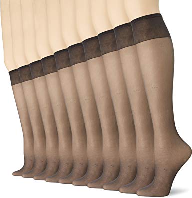 No Nonsense Women's Sheer Toe Comfort Top Knee Highs, Plus Size, 8 Pair Pack