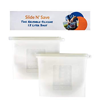 Silicone Slide n' Save - (1.5 Liter) Clear Reusable Food Saver Storage Bags - Eco Friendly & BPA Free - Airtight & Leak Proof - Works for Produce, Freezer Food, Hot Cooking - (2 Pack) - ModFamily