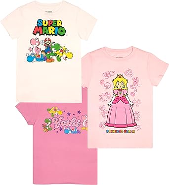 Nintendo Super Mario Bros Princess Peach & Yoshi Graphic Girls Short Sleeve T-Shirts, 3-Pack Bundle Set for Kids and Toddlers