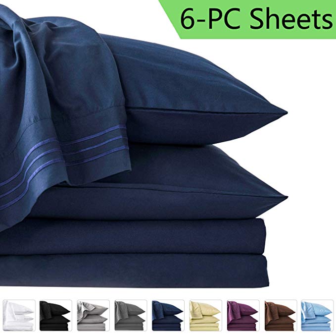 LIANLAM Queen 6 Piece Bed Sheets Set - Super Soft Brushed Microfiber 1800 Thread Count - Breathable Luxury Egyptian Sheets Deep Pocket - Wrinkle and Hypoallergenic(Queen, Navy Blue)