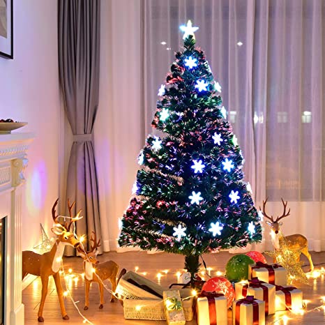 COSTWAY 4FT Fibre Optic Christmas Tree, Artificial Green Xmas Tree with Metal Stand, Light Snowflakes and Top Star, Multicoloured Christmas Decoration and Gift (4FT/1.2M)