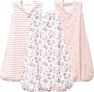 PHF Baby Sleep Sack 6-12 Months 3 Pack 100% Cotton Baby Wearable Blanket, 2-Way Zipper 0.5 TOG Toddler Sleeping Sack, Comfy Sleep Bag for Baby Girls, Pink Floral (Medium)