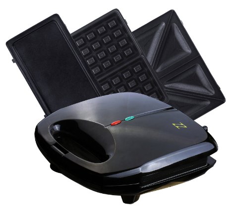 ZZ S61421 3 in 1 Sandwich Waffle and Breakfast Maker with Non-stick Plates Black