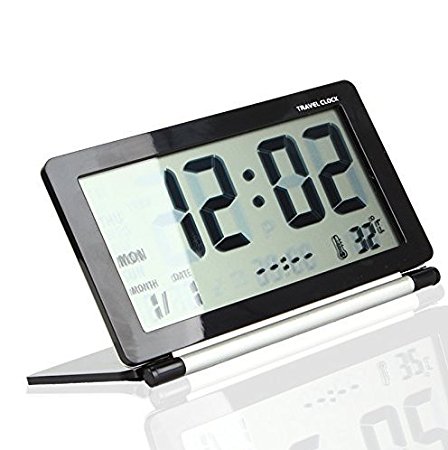 Multifunction Silent LCD Digital Large Screen Travel Desk Electronic Alarm Clock, Date,Time,Calendar,Temperature Display, Snooze, Folding (Black Silver)