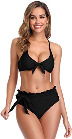 SHEKINI Women's Bathing Suit Tie Knot Front Ruffle Bikini Set Two Piece Swimsuit