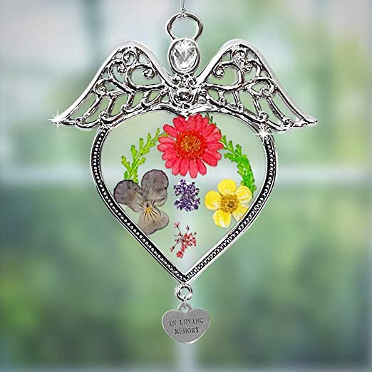 Memorial Angel Suncatcher - Pressed Flowers Sun Catcher with an in Loving Memory Heart Charm - Glass Window Remembrance