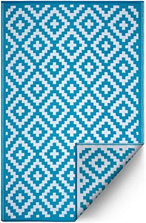 FH Home Indoor/Outdoor Recycled Plastic Floor Mat/Rug - Reversible - Weather & UV Resistant - Aztec - Teal & White (6' x 9')
