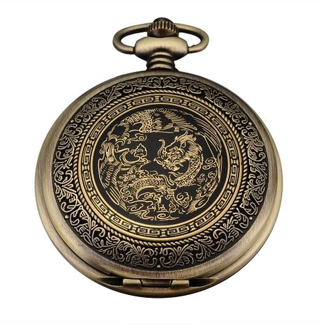 AMPM24 Bronze Mens Dragon and Phoenix Dangle Pendant Pocket Quartz Watch  Gift Chain WPK062