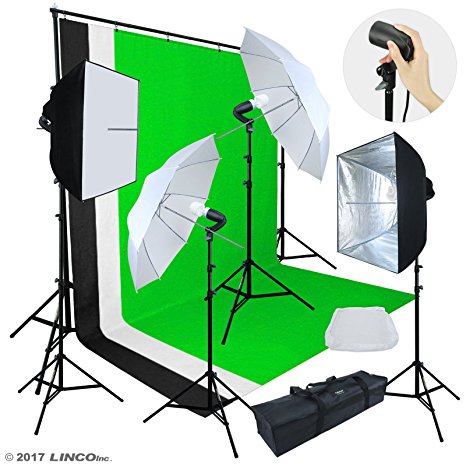 Linco Lincostore Photo Video Studio Light Kit AM174 - Including 3 Color 5x10ft Backdrops (Black/Whtie/Green) Background Screen