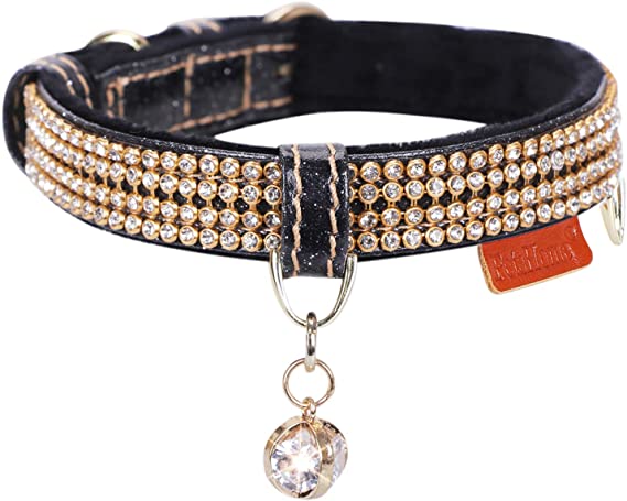 PetsHome Cat Collar, Dog Collar, [Bling Rhinestones] Premium PU Leather with Pendant Adjustable Collars for Small Dog and Cat