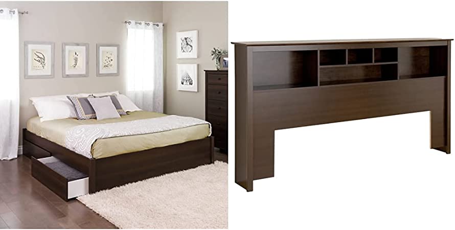 Prepac Select King 4 Post Platform Bed with 4 Drawers, 83" L x 79" W x 16" H, Espresso & King Bookcase Headboard, Espresso