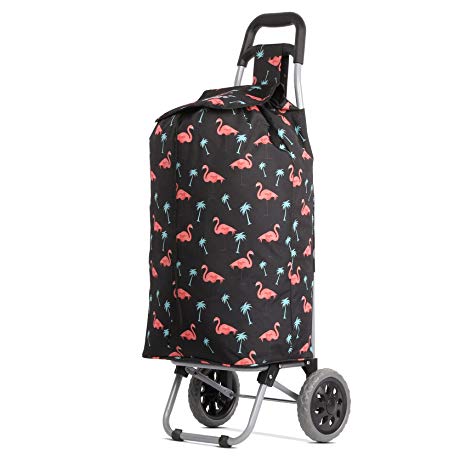 Hoppa Lightweight Shopping Trolley Folding 2 Wheel Large Capacity Shopper (Black Flamingos)