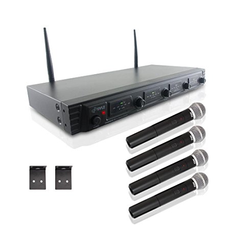 Pyle PDWM4520 Rack Mount 4 Channel UHF Wireless Microphone System, 4 Handheld Microphones
