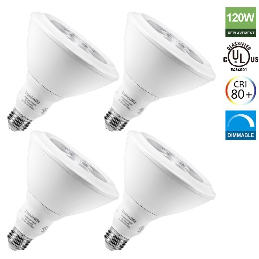 PAR38 Led Bulb,Flood Light Bulb,LuminWiz 18W 5000K 1350lm Crystal White Dimmable LED Light Bulb, 120W Equivalent, E26 Base,UL Listed,4-Pack