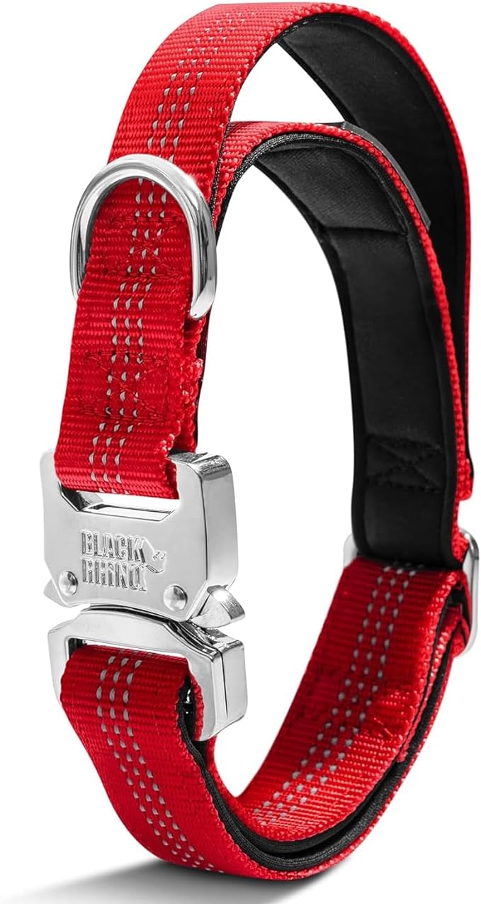 Black Rhino - Tactical Dog Collar Ultra-Soft Neoprene Padded Dog Collars for Medium, Large, XL Dogs | Heavy Duty Metal Buckle | Padded Handle for Dog Training (Medium, Red)