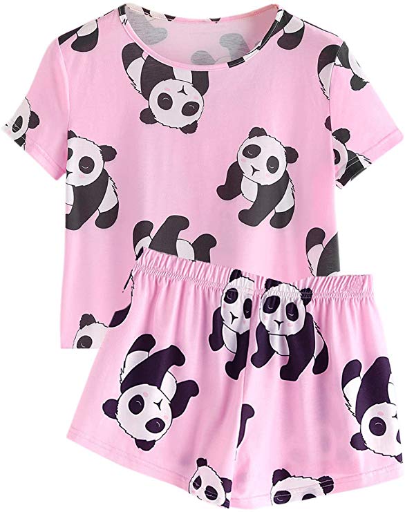 DIDK Women's Cute Cartoon Print Ice Tee and Shorts Pajama Set