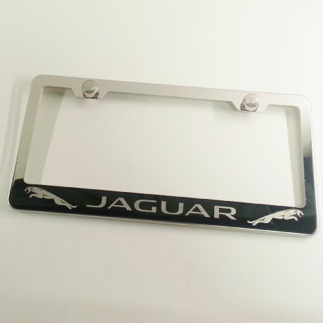 Polish Chrome Laser Engraved Jaguar Stainless Steel USA License Plate Frame With Engraved Steel Logo Screw Cap Combo 12.25" x 6.5"