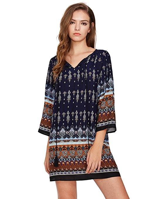 Romwe Women's Boho Bohemian Tribal Print Summer Beach Dress