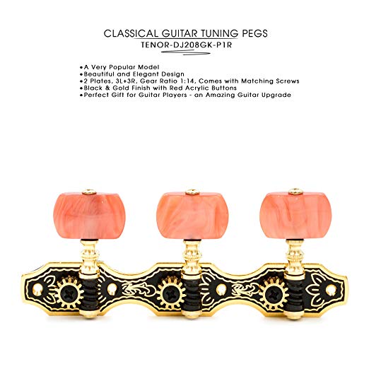DJ208GK-P1R TENOR Classical Guitar Tuners, Tuning Key Pegs/Machine Heads for Classical or Flamenco Guitar with Black and Gold Plated Finish and Red Buttons.