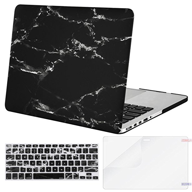 Mosiso Plastic Pattern Hard Case with Keyboard Cover with Screen Protector Only for MacBook Pro Retina 13 Inch No CD-Rom (A1502/A1425, Version 2015/2014/2013/end 2012), Black Marble