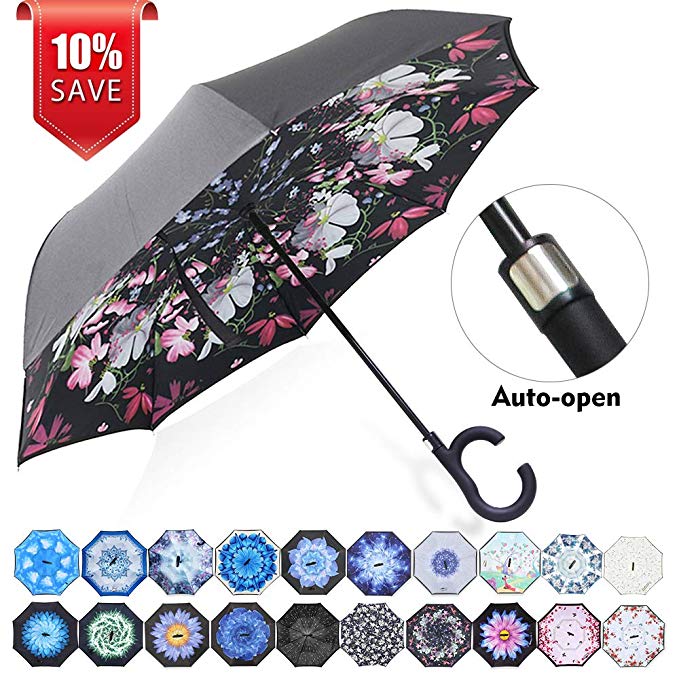 ZOMAKE Auto Open Inverted Umbrella Double Layer Reverse Umbrella, UV Protection Windproof Straight Umbrella Inside Out Umbrella for Car Rain Outdoor with C-Shaped Handle