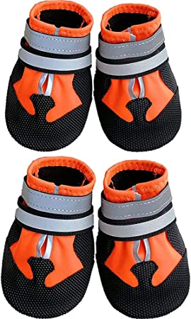 Ewolee Dog Shoes, Waterproof Anti-Slip Dog Boots Snow Shoes with Two Reflective Straps, 4 Pcs Pet Paw Protectors Rain Boots for Small Dogs, Orange (S)