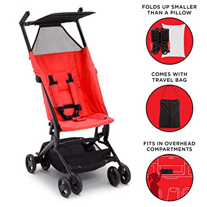 Delta Children Ultimate Fold N Go Compact Travel Stroller | Foldable Travel Bag | Umbrella Canopy | Storage Basket | Red