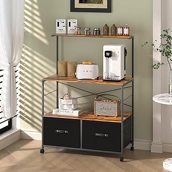 VECELO Mobile Lateral File Cabinet Rolling Printer Stand with 3 Open Storage Shelf, Ideal for Letter Size Folders, with Lockable Casters, Strong Steel Frame, Perfect for Office, Brown Black, 2 Drawer