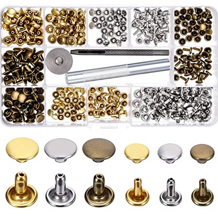 180 Set 2 Sizes Leather Rivets Double Cap Rivet Tubular Metal Studs with 3 Pieces Fixing Tool for DIY Leather Craft, Rivets Replacement, 3 Colors (Gold, Silver and Bronze)