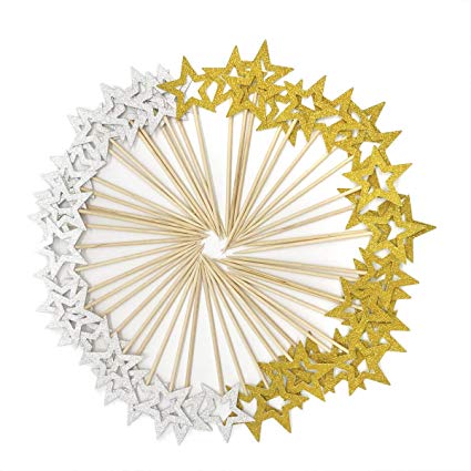 50 Pcs Gold & Silver Star Cupcake Toppers,Star Cupcake Toppers Twinkle Little Star Decorations Birthday Cupcake Toppers Glitter Star Cake Decoration for Party Birthday Wedding Ceremony (Gold & Silver)