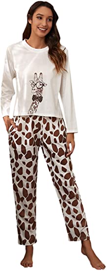 DIDK Women's Cute Cartoon Print Tee and Sweatpants Pajama Set