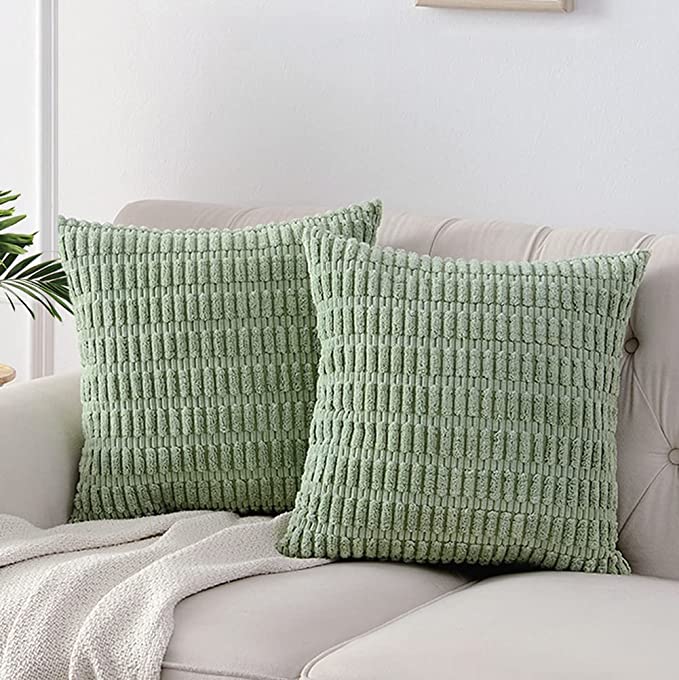 Fancy Homi 22x22 Pillow Covers, 2 Packs Sage Green Throw Pillow Covers with Stripe Pattern, Super Soft Corduroy Square Solid Cushion Cover for Couch Sofa Bedroom Living Room 55x55 cm