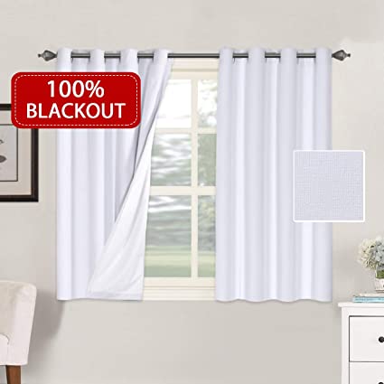 H.VERSAILTEX 100% Blackout Waterproof Faux Linen Room Darkening Curtains for Bedroom Energy Efficient Window Curtain Panels Noise Reducing (2 Pieces, 52 x 45- Inch, White with White Liner)