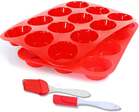 Silicone Muffin Pan,12-Cup Muffin Trays Red Silicone Cupcake Baking Pans/Non Stick/Dishwasher - Microwave Safe(2pack)(Red Red)