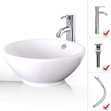 LUCKWIND Bathroom Vessel Sink Ceramic - White Porcelain Lavatory Counter Sink Basin Bowl Chrome Brass Faucet Pop Up Drain Combo Single Hole Above Vanity Top Round Overflow Rimming (Round Overflow)