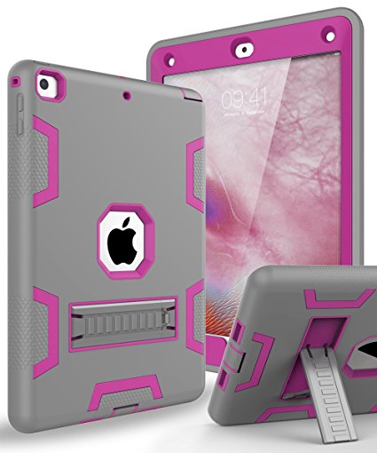 New iPad 9.7 2018 Case,iPad 9.7 Case,Topsky Three Layer Armor Defender Full Body Protective Case Cover For Apple iPad 9.7 (2017/2018 Release),Grey Hot Pink