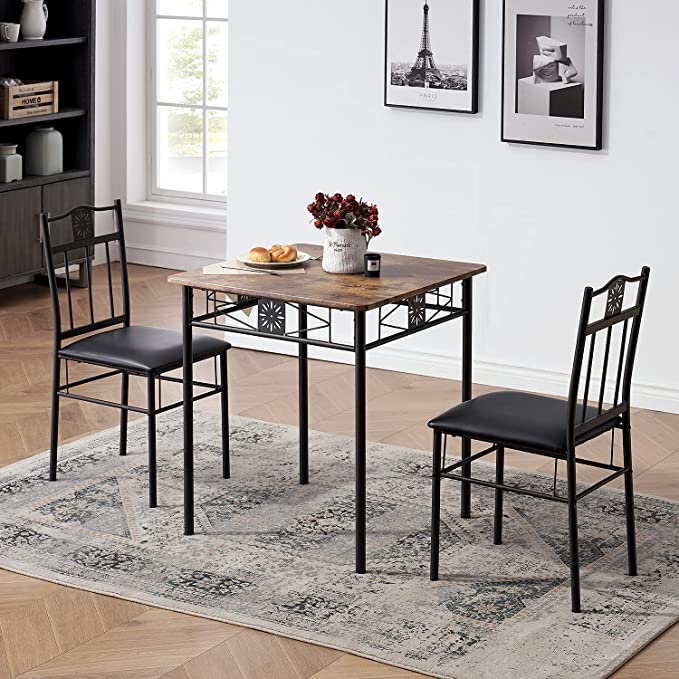 VECELO 3-Piece Kitchen Dining Room Table Set for Small Spaces, PU Padded Chairs, Retro Brown