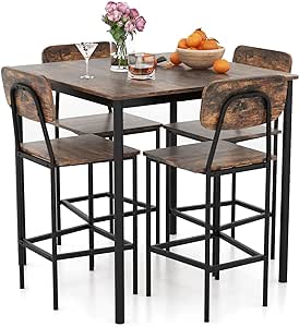 Giantex 5-Piece Dining Table Set W/Counter Height Table & 4 Bar Stools, Industrial Kitchen Dining Set W/Footrest & Backrest, Space-Saving Dinette Set for Pub, Dining Room, Restaurant (Mix Brown)