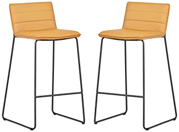 Rivet Julian Minimalist Modern Tufted Kitchen Bar Height Stools, Set of 2, 37.8 Inch Height, Synthetic Leather, Autumn Yellow