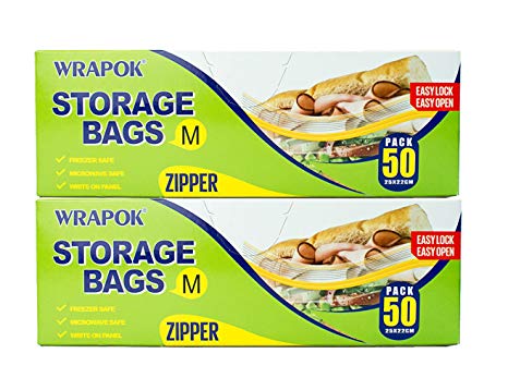WRAPOK Freezer Sandwich Ziplock Bags Plastic Resealable Liquid Reusable Snack Bag - 9.8 x 8.7 Inch (100 Count)