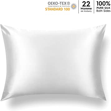 Tafts 22mm 100% Pure Mulberry Silk Pillowcase for Hair and Skin, Hypoallergenic, Both Sides Grade 6A Long Fiber Natural Silk Pillow Case, Concealed Zipper, Queen 20x30 inch, Cool White